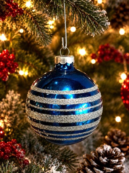 Unknown Other - Vintage USA Blue Silver Glitter Stripe Glass Christmas Ornament 2 1/2"